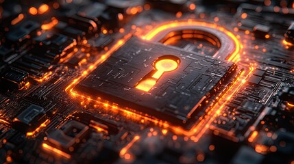 Futuristic digital lock symbolizing cybersecurity on a circuit board background with glowing elements