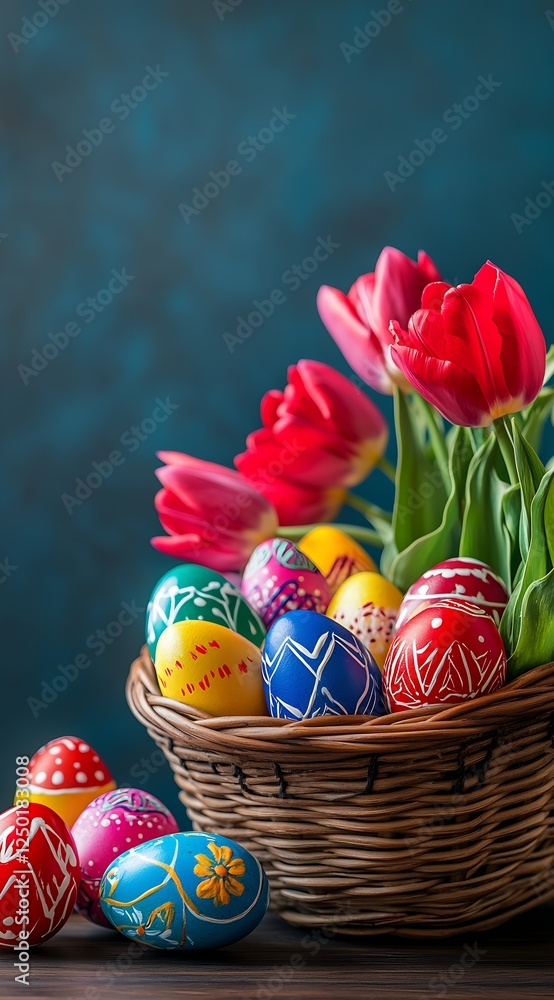 Poster charming easter basket overflowing with colorful eggs and lively pink tulips for spring decor : gene