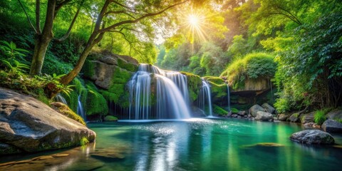 Fototapeta premium Serene Fount in Nature's Embrace - Tranquil Water Flowing from Beautiful Spring Surrounded by Lush Greenery, Perfect for Relaxation and Reflection in a Candid Photography Style
