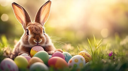 Adorable rabbit surrounded by colorful Easter eggs on a sunny spring morning : Generative AI