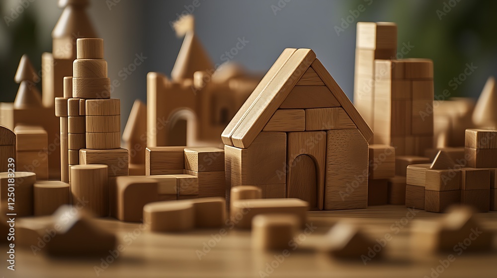 Poster Detailed view of quaint wooden blocks forming an imaginative architecture landscape : Generative AI
