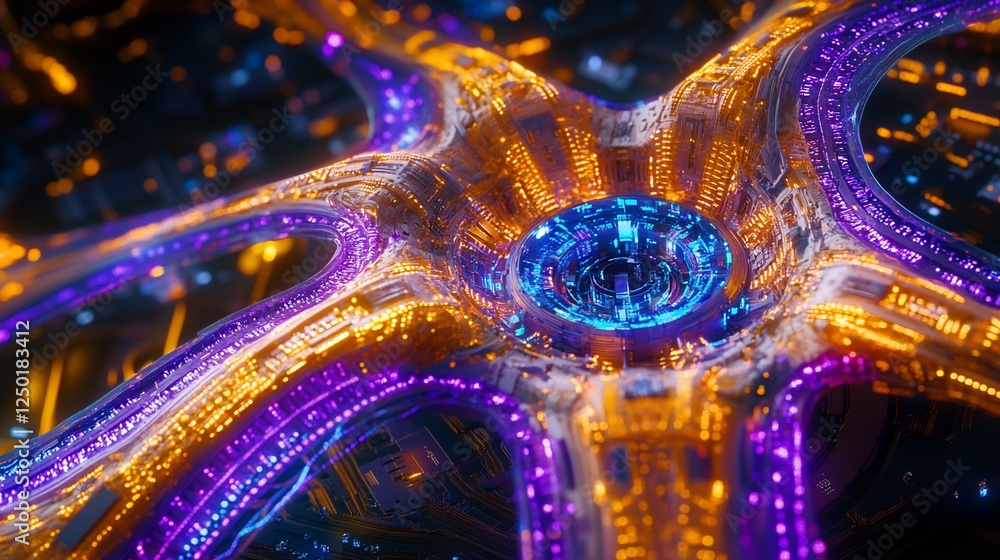 Poster abstract glowing network structure with central core.