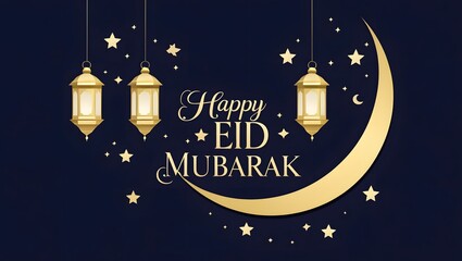 Naklejka premium Festive Eid Mubarak greeting with golden lanterns, stars and crescent moon against a dark blue night sky.
