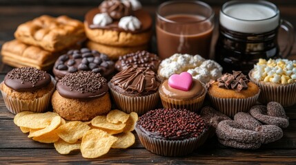 Chocolate treats, drinks, snacks, wooden table, background blur, food photography