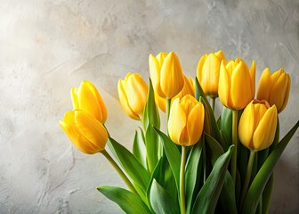 Fototapeta premium Spring Decor: Minimalist Yellow Tulips, Light Background, Fresh Flowers, Springtime Photography