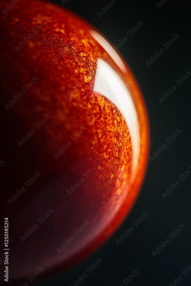 Poster close-up of a glossy, red sphere with textured surface against a dark background.
