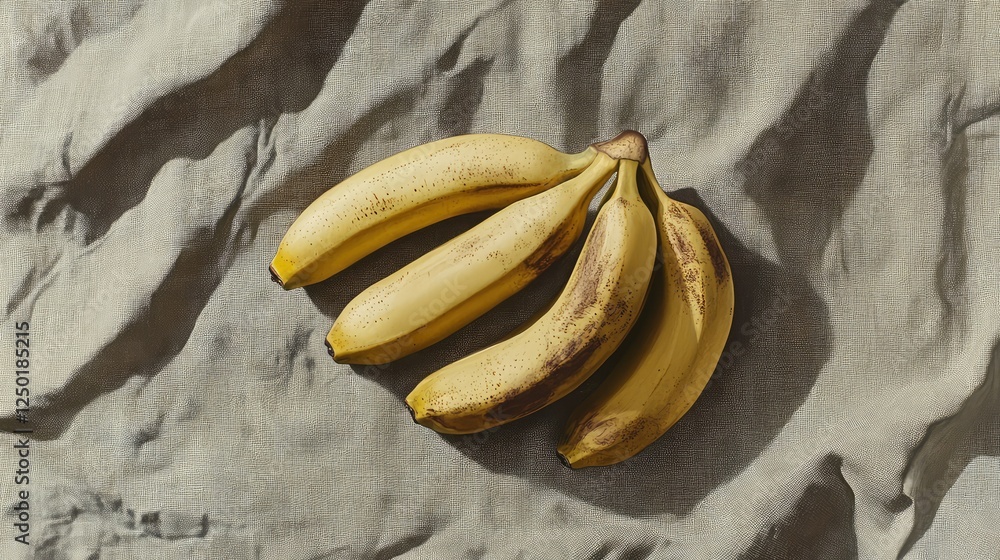 Poster fresh bananas on textured fabric surface with natural lighting, highlighting their distinct yellow c