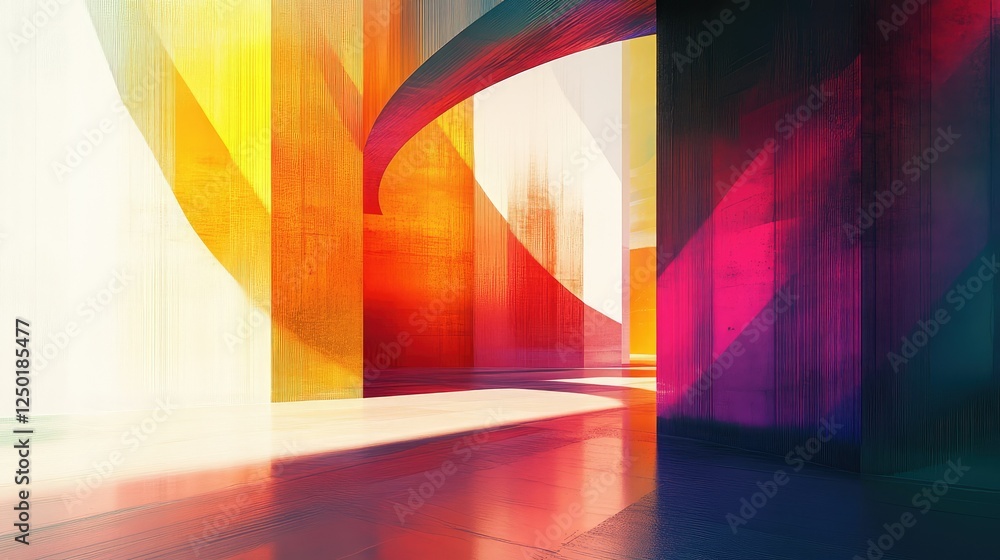 Poster vibrant abstract architecture with colorful light play, showcasing dynamic shadows and striking comp