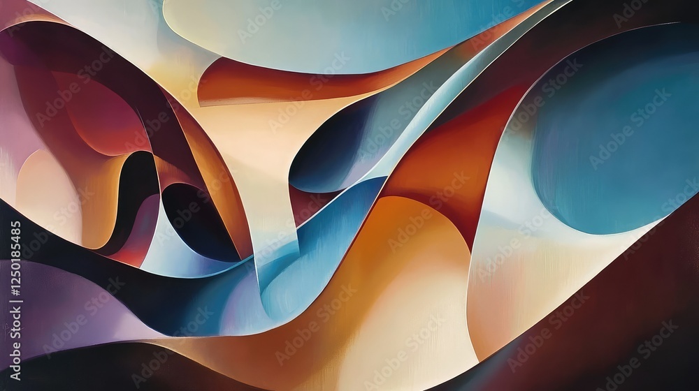 Poster abstract composition of curved shapes and fluid forms in vibrant colors capturing harmony and motion