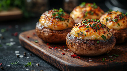 Four delicious stuffed mushrooms filled with melted cheese and fresh herbs, served on a rustic wooden plate placed on a clean kitchen tabletop. Suitable for marketing or business purposes