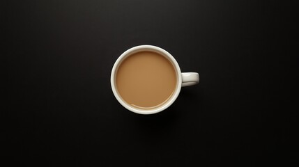 Overhead View of a Mug of Coffee on Black Background.