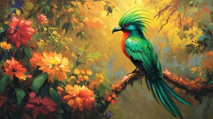 Obraz premium Vibrant Quetzal Bird Perched Among Lush Tropical Flowers Painting