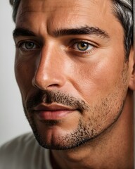 Obraz premium A close up of a man's face with blue eyes.