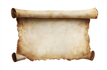 Aged parchment scroll, blank historical document, isolated
