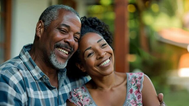 Black laughing couple talking and sharing time together outdoors	
