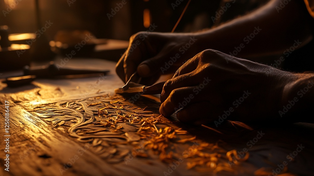 Poster close-up of artisan hands meticulously carving intricate design into wooden surface using sharp tool