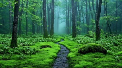 Fototapeta premium Misty Forest Path: A Springtime Nature Photograph AI Generated