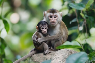 Obraz premium Mother monkey tenderly cradles her baby on a tree branch amidst lush green foliage.