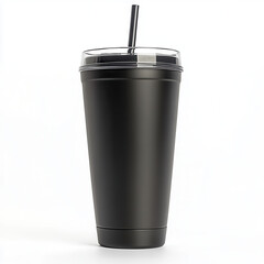 Matte Black Tumbler with Straw: A sleek, matte black tumbler with a clear lid and black straw stands tall, ready for your favorite beverage.