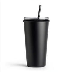 Matte Black Tumbler with Straw: A sleek and modern matte black tumbler with a clear lid and a matching black straw stands isolated on a clear background.