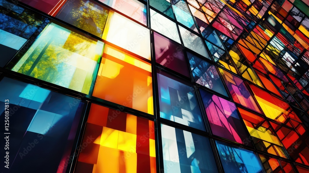 Poster colorful abstract window design featuring brightly colored panels reflecting light in artistic patte
