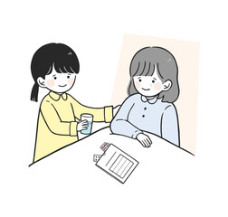ヤングケアラー 薬を飲む家族をサポートする子供のイラスト