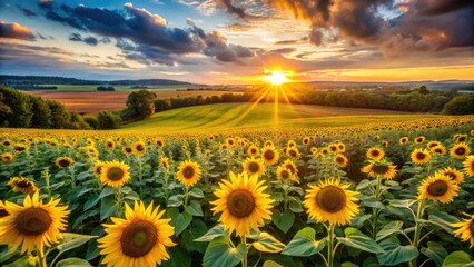 Fototapeta premium Sunset Sunflowers Aerial View: Golden Hour Field Photography