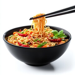 Asian Noodles in Bowl, Chopsticks Lifting, Studio Shot