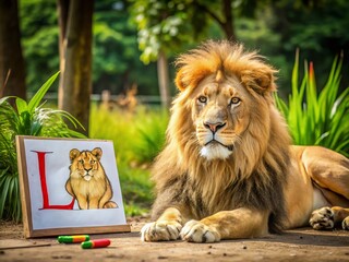 Friendly Lion Beside Hand-Drawn Letter L: Candid Wildlife Stock Photo