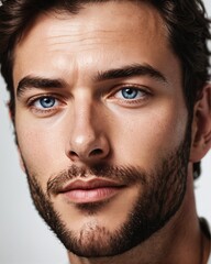 Obraz premium A close up of a man's face with blue eyes.
