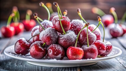 Frozen Sweet Cherries on White Plate: Close-Up, Rustic Still Life