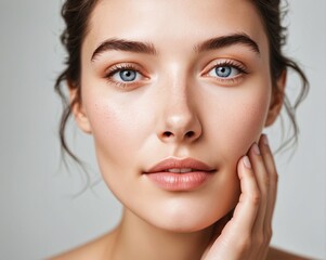 Obraz premium A woman with freckles on her face and blue eyes.