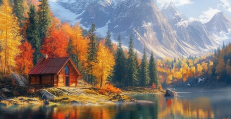 Fototapeta premium Autumn cabin by a lake, mountain backdrop