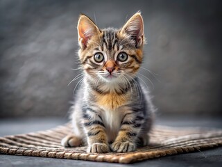 Obraz premium Funny Gray Striped Kitten on Gray Mat - Close-up Long Exposure Photo