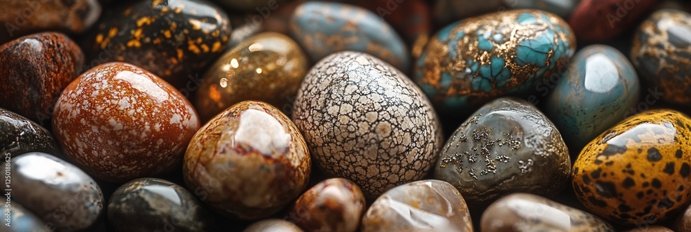 Poster close-up of various colorful polished stones with unique patterns and textures.