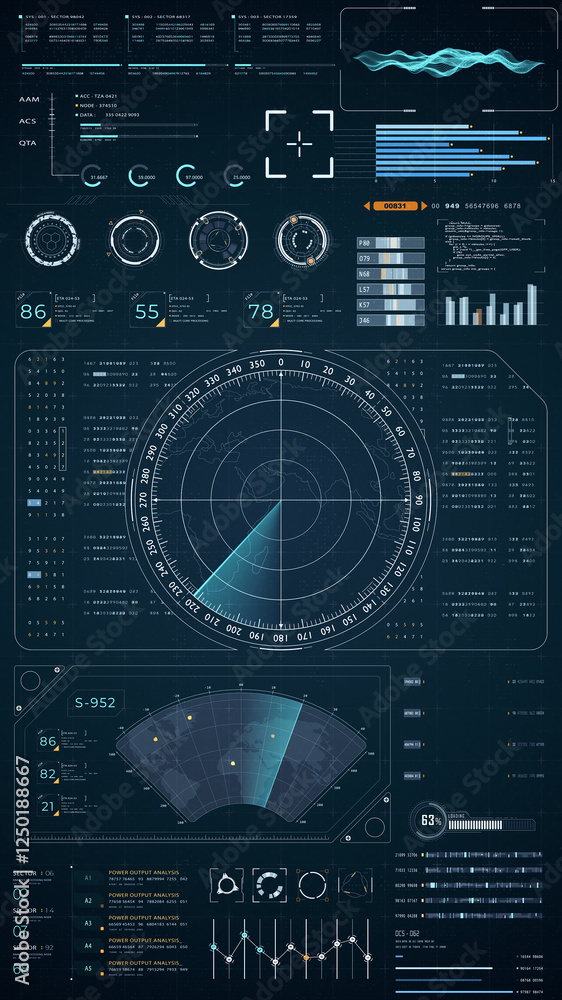 Poster blue color sonar radar screen searching an object with futuristic head up display (hud ui) technolog