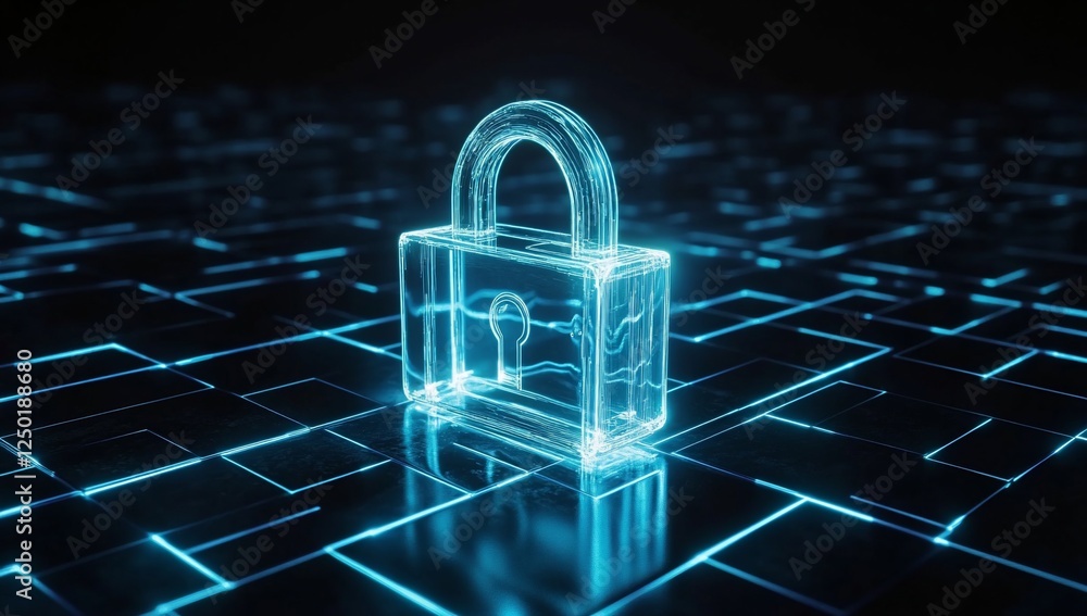 Poster glowing digital padlock on a dark circuit board background, representing cybersecurity and data prot