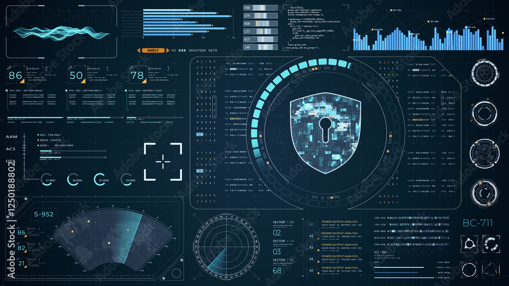 Poster blue digital security shield with head up display (hud ui) and circuit panel futuristic abstract bac