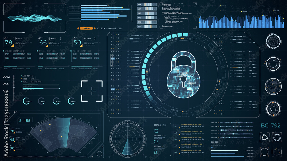 Poster blue digital security key with head up display (hud ui) and circuit panel futuristic abstract backgr