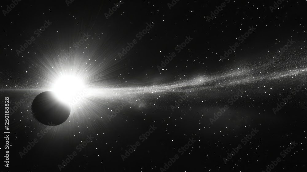 Poster cosmic interaction of celestial bodies with a bright star and dark sphere amidst a vast array of dis