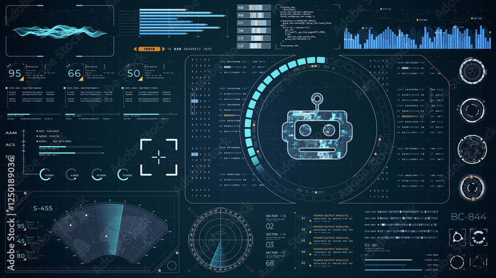 Poster blue digital robot head with head up display (hud ui) and futuristic technology abstract background 