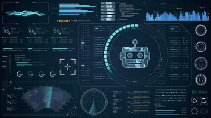 Blue digital robot head with head up display (HUD UI) and futuristic technology abstract background artificial intelligence and assistant machine learning