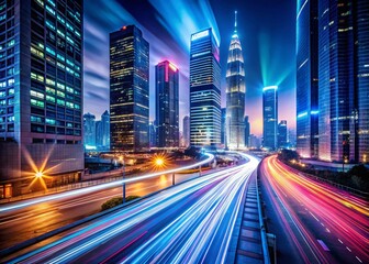 Naklejka premium Futuristic City Nightscape: Dynamic Light Trails & Urban Energy