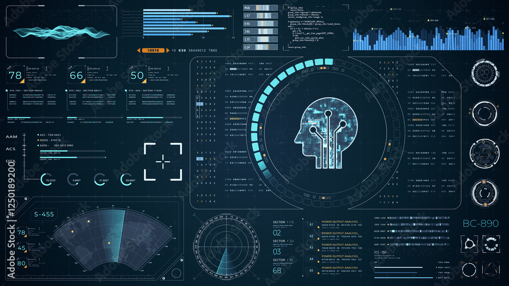Poster blue digital robot head with head up display (hud ui) and futuristic technology abstract background 