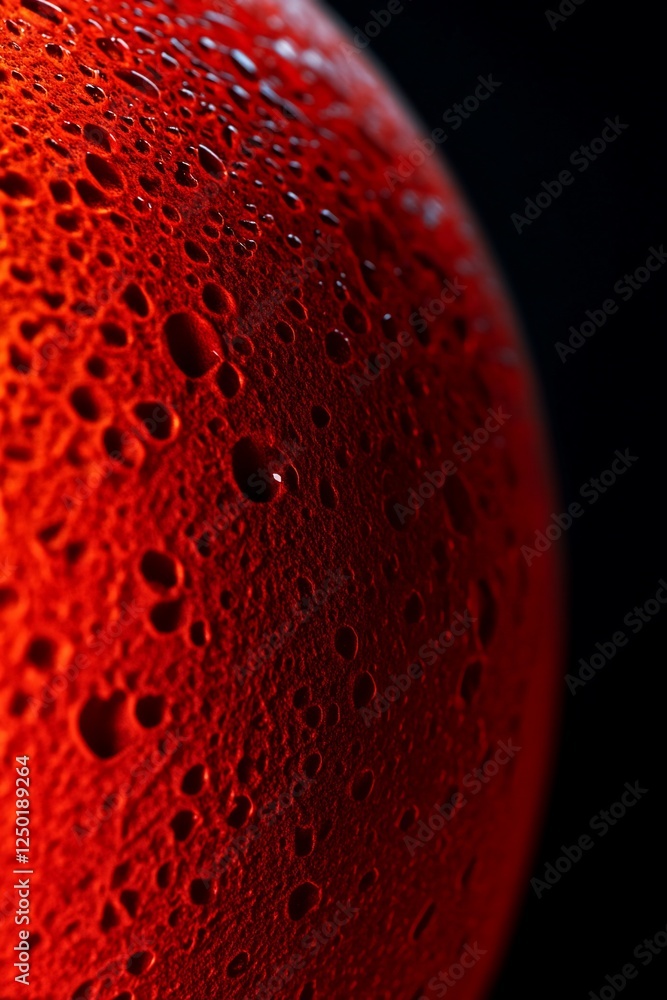 Poster close-up of a red, spherical object covered in water droplets against a black background.