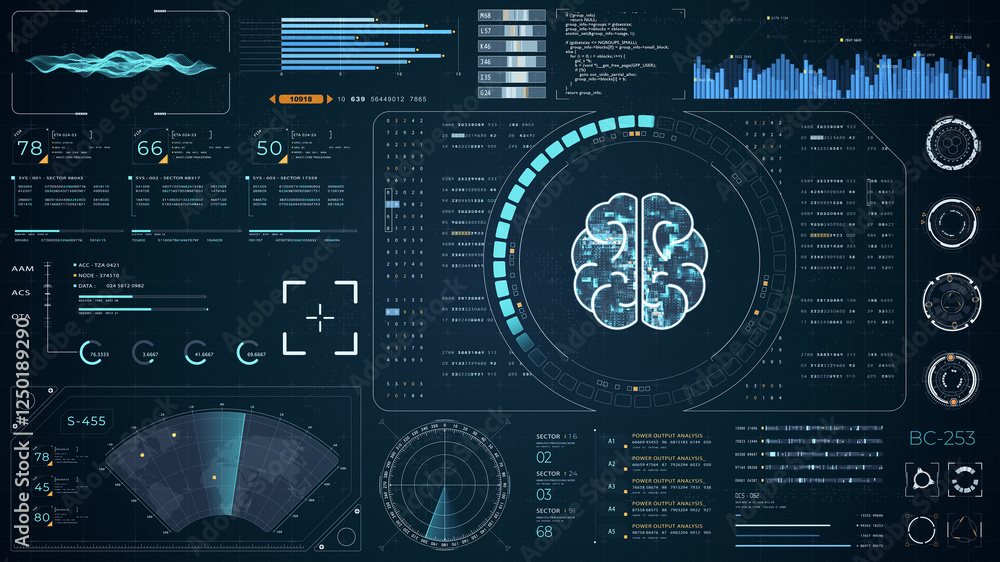Poster blue digital brain with head up display (hud ui) panel and futuristic technology abstract background