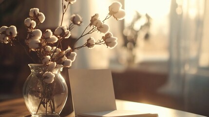 Sunlit cotton branches in glass vase beside blank card on wooden table.