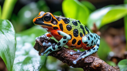 Fototapeta premium Close-up of a brightly colored frog perched on a small branch, blurred background with green leaves, Ai generated images
