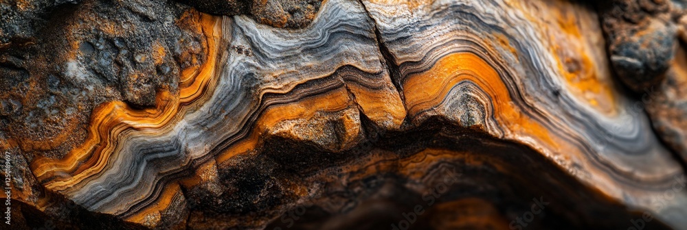 Poster close-up of a rock with orange and grey layered patterns.