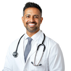 smiling male doctor wearing white coat and stethoscope, exuding professionalism and warmth